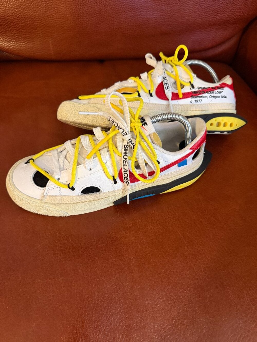 Off-White x Nike Blazer Low White University Red Sail Yellow Sneaker Size: 5.5